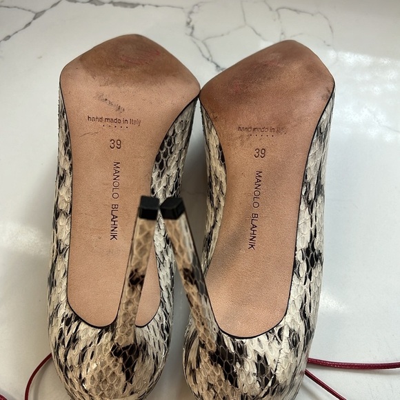 Manolo Blahnik Sz 39 Rogustta Snakeskin Leather Pumps W Red Leather Ties - New - Picture 10 of 10